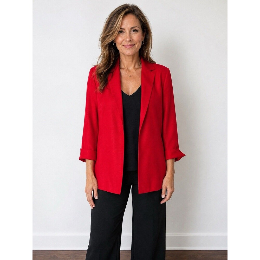 Ann May 100% Woven Silk Blazer Tomato Red Open Front Size Large Vintage 80’s